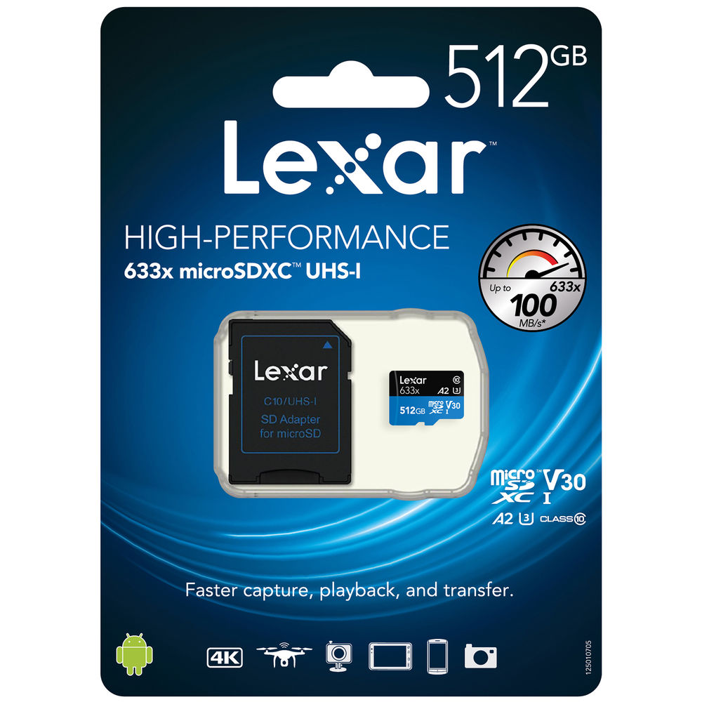 LEXAR 512GB 633x microSDXC Hafıza Kartı (SD Adaptörlü, UHS-I, V30)