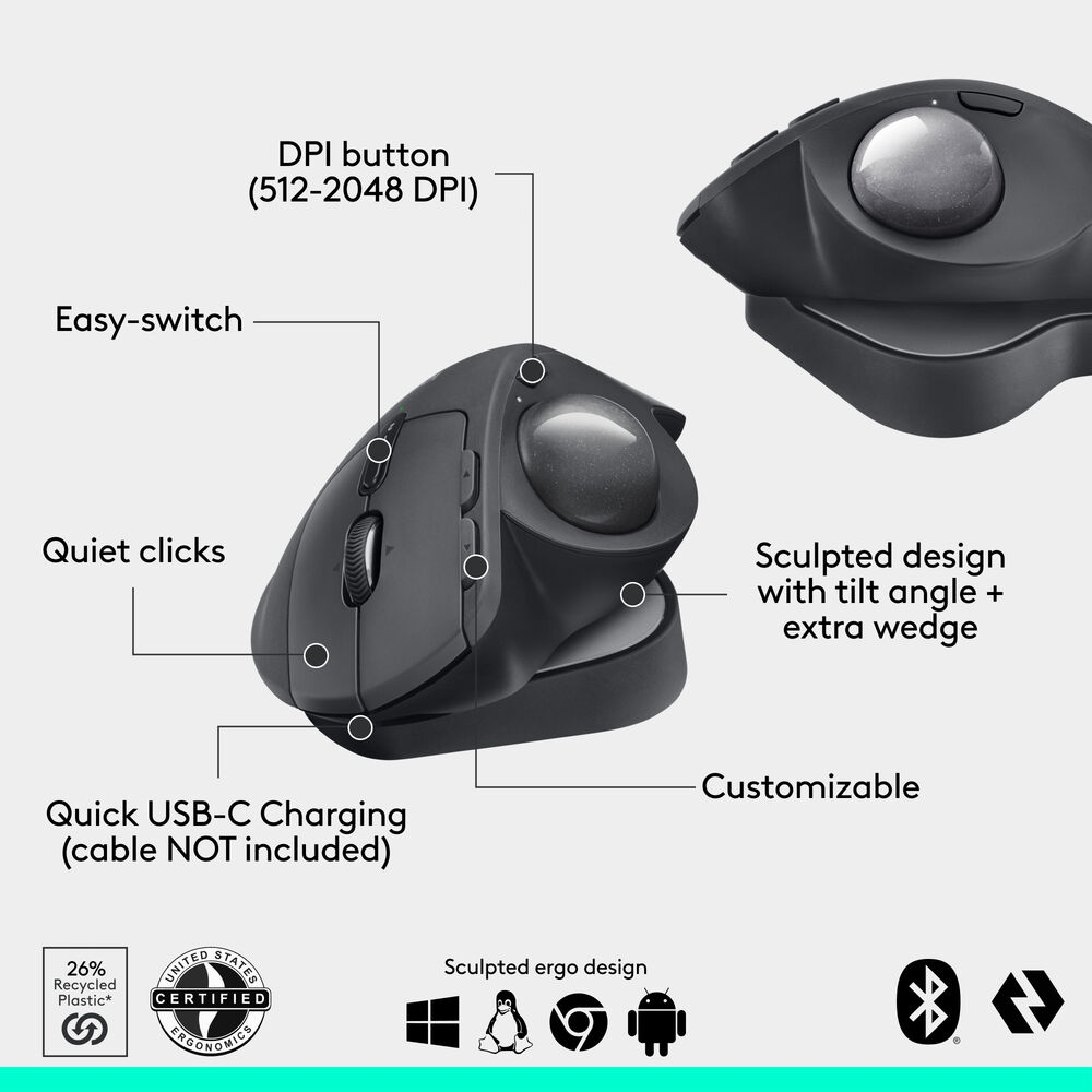Logitech MX Ergo Kablosuz Konforlu Trackball Mouse (Siyah)