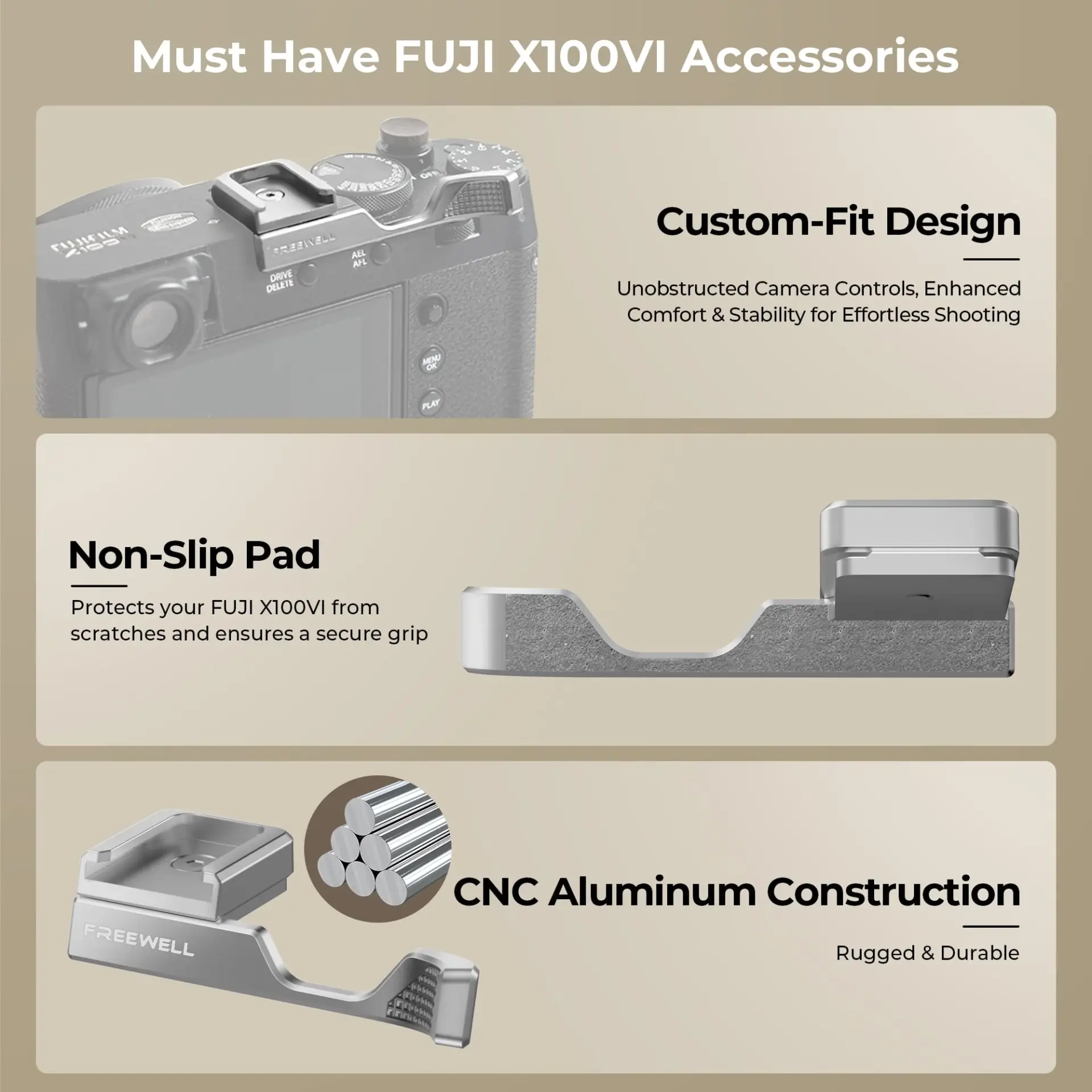 Freewell Fuji X100VI Thumb Grip with Cold Shoe Mount Gri