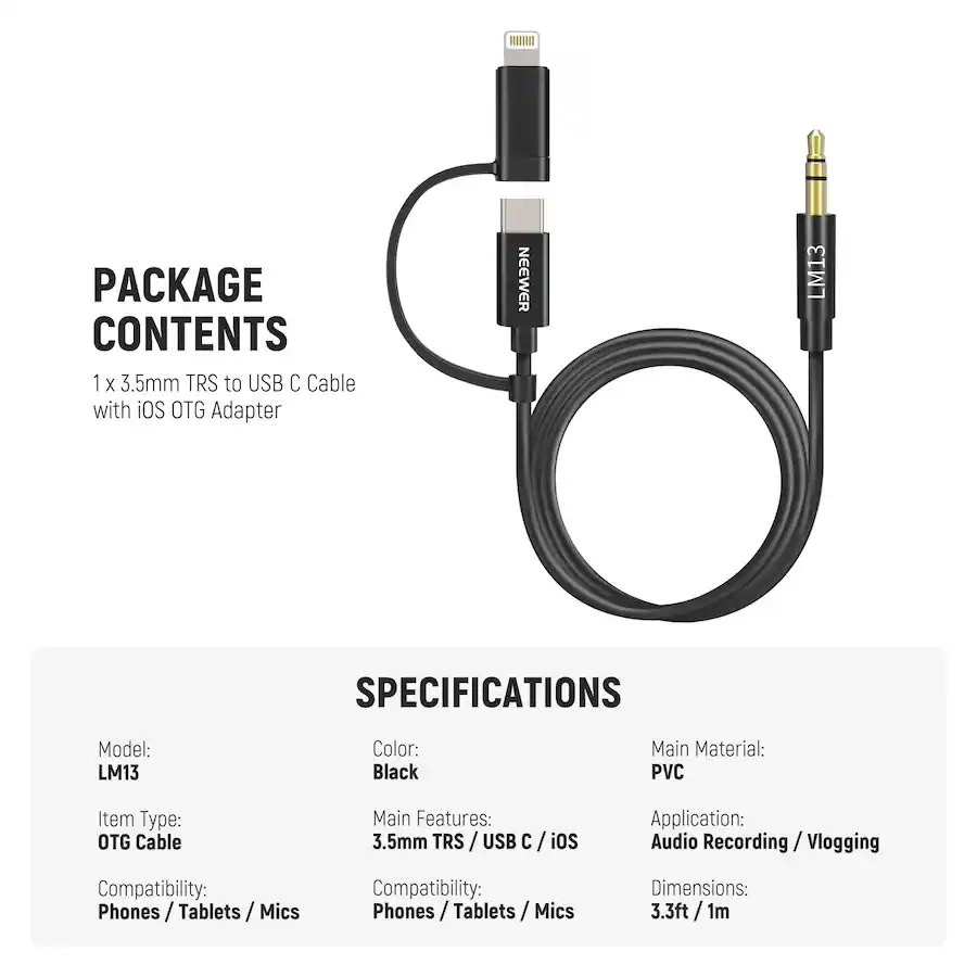 NEEWER LM13 USB C MALE WITH OTG TO 3.5 TRS MALE AU