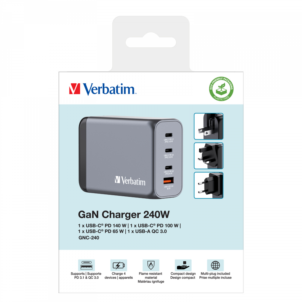 Verbatim 240 W GAN Hızlı Şarj 4 Bağlantı Noktalı 1x Usb-C® PD 140W/1x Usb-C® PD 100W/1x Usb-C® PD 65W / 1x Usb-A QC 3.0(32205)