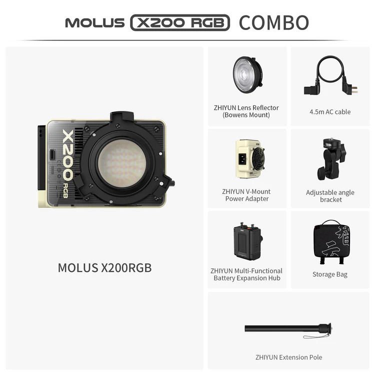 Zhiyun Molus X200 RGB 200W COB Taşınabilir LED Işık Bej Combo Paket