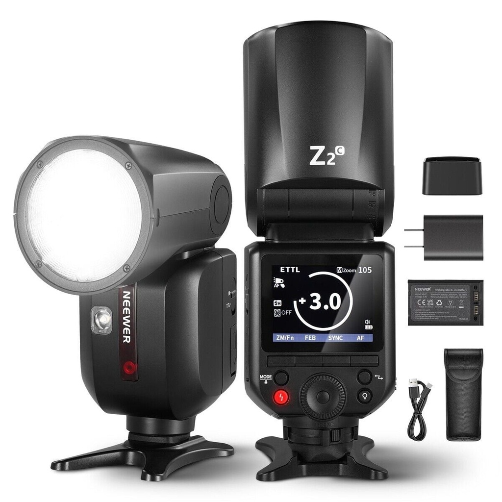 [Z2Pro-C] Neewer Z2PRO-C Canon Uyumlu 76W Yuvarlak Kafa Akülü Tepe Flaşı